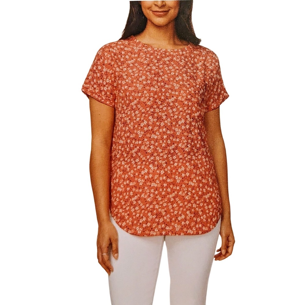 Buffalo David Bitton Floral Print Top, Rust Color, Crew Neck, Short Sleeve M NWT